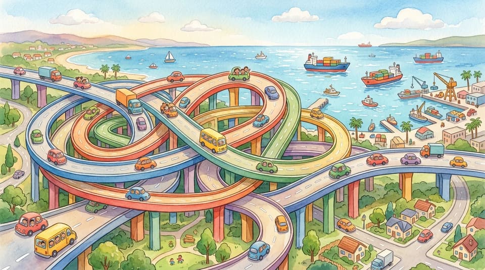 Watercolor illustration for The Giant Spaghetti Road