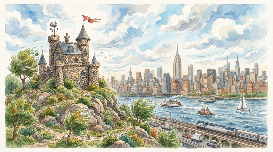 Watercolor illustration for The Castle That Checks the Weather, near New York City