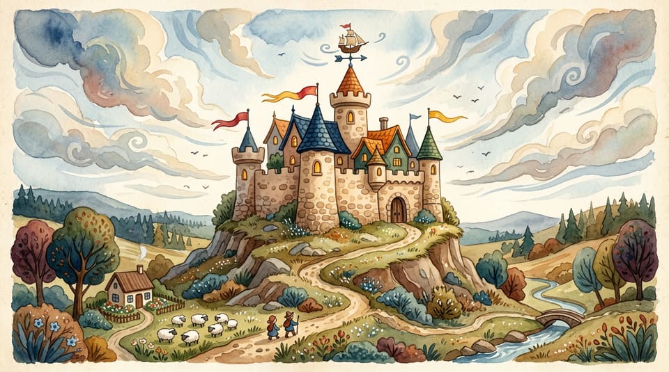 Watercolor illustration for The Castle That Checks the Weather